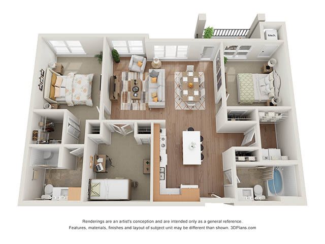A detailed 3D floor plan of an apartment, showcasing a spacious layout with a living room, kitchen, two bedrooms, and bathrooms.
