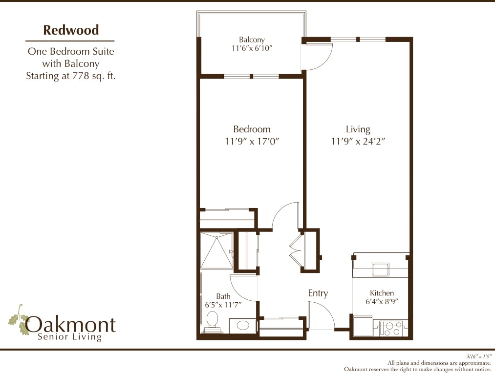 A floor plan of a one-bedroom apartment featuring a living room, kitchen, bathroom, and balcony, with dimensions included.