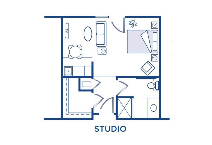 A floor plan of a studio apartment illustrating the layout of living and sleeping areas, kitchen, and bathroom.