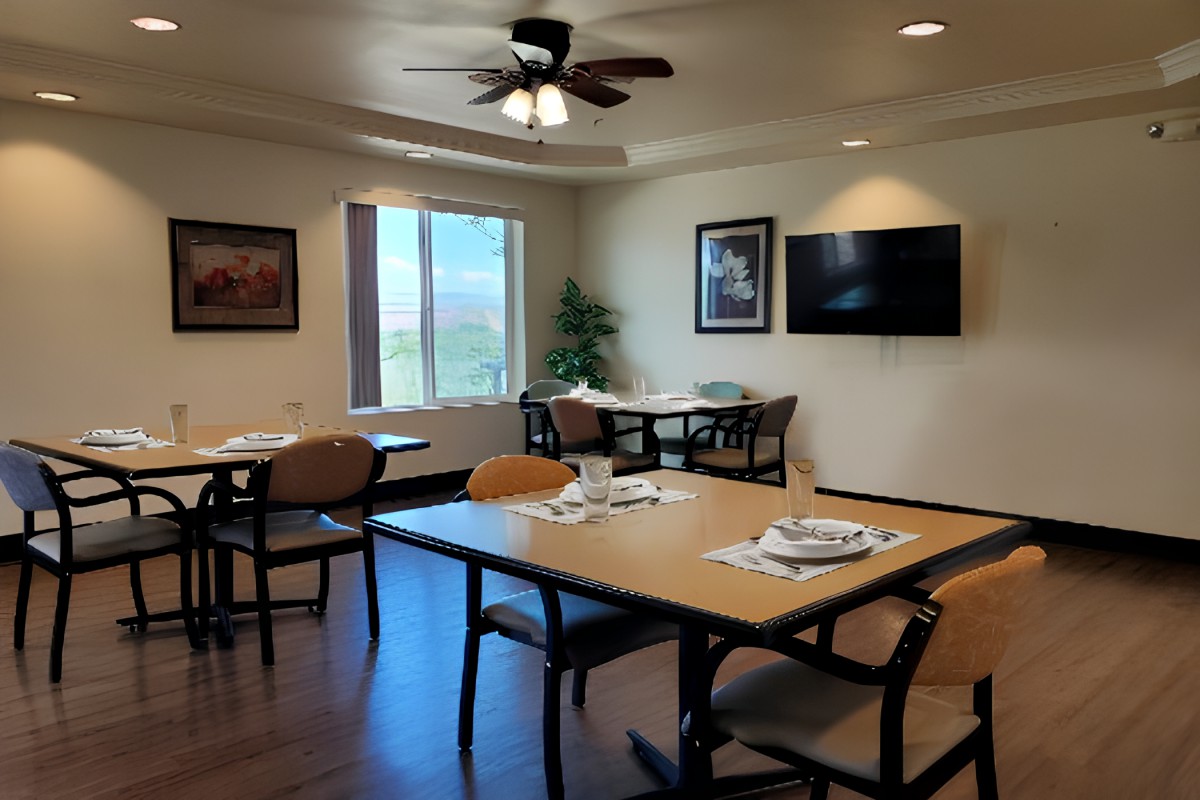A dining area with tables and chairs, featuring a ceiling fan and a television, illuminated by natural light from the window.