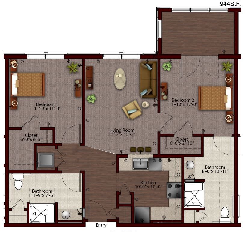 A detailed floor plan of a spacious apartment with two bedrooms, a living room, dining area, kitchen, and two bathrooms.