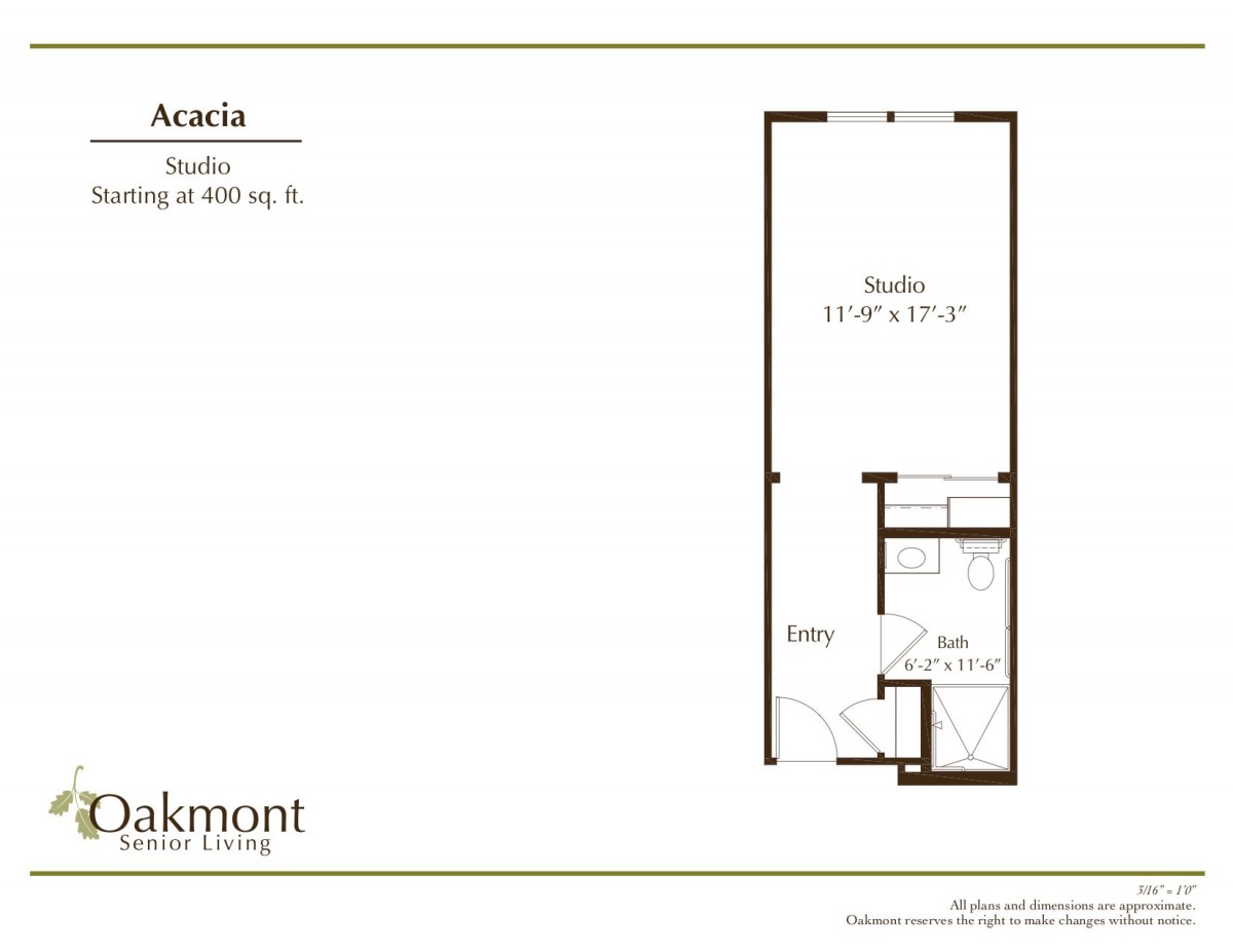 Studio apartment floor plan layout.