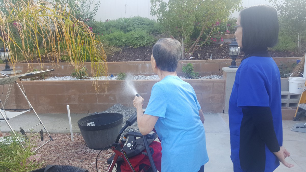 An elderly person using a walker while watering plants in a garden.