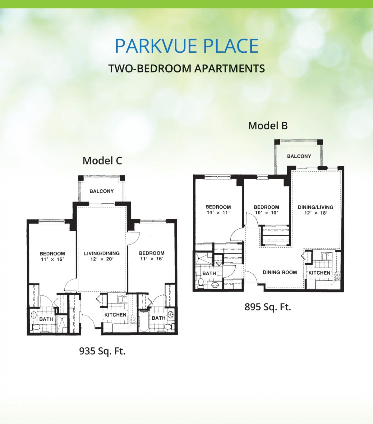 Floor plans for two-bedroom apartments at Parkvue Place, featuring Model C with 881 sq. ft. and Model B with 805 sq. ft.