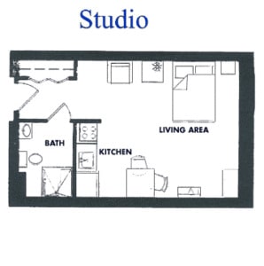 Floor plan of a studio apartment showing the layout of living area, kitchen, and bathroom.