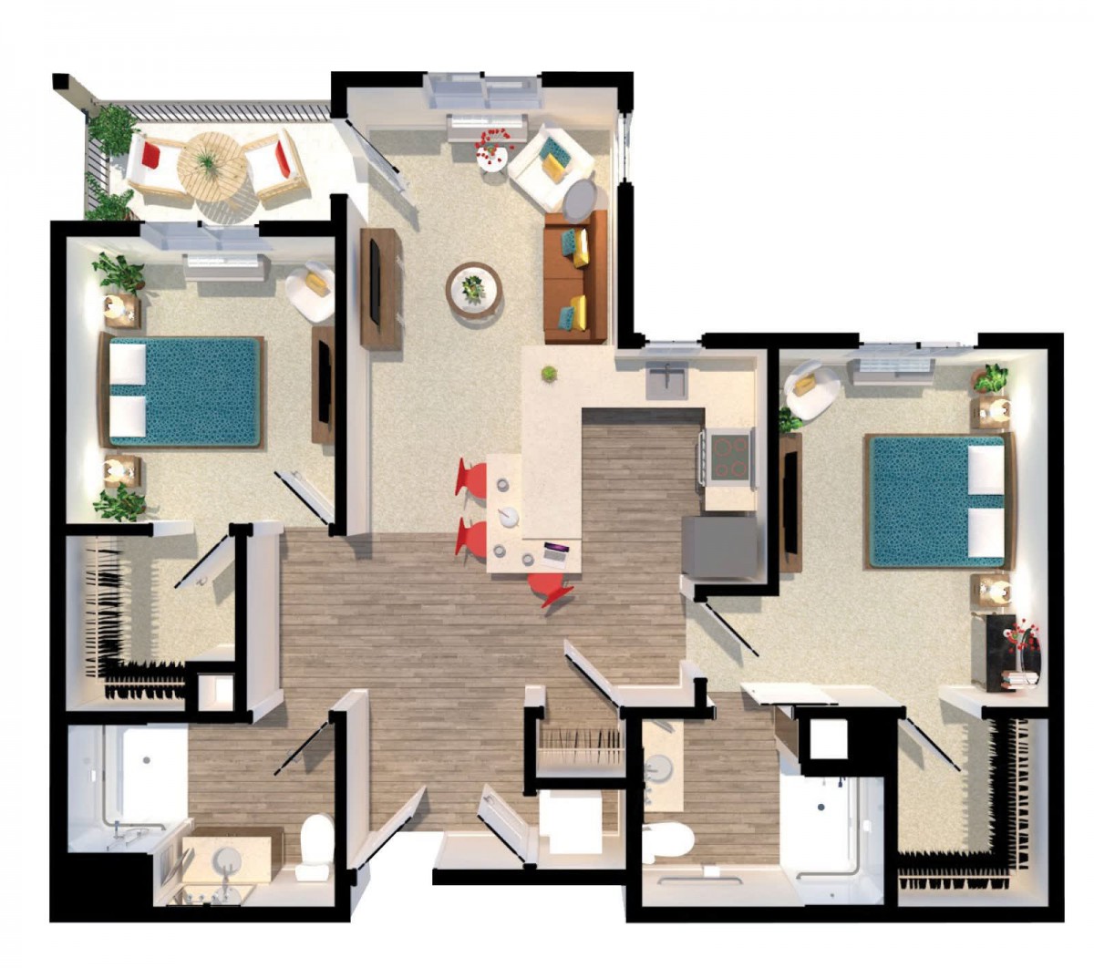A detailed floor plan of a two-bedroom apartment with living, dining, and kitchen areas.