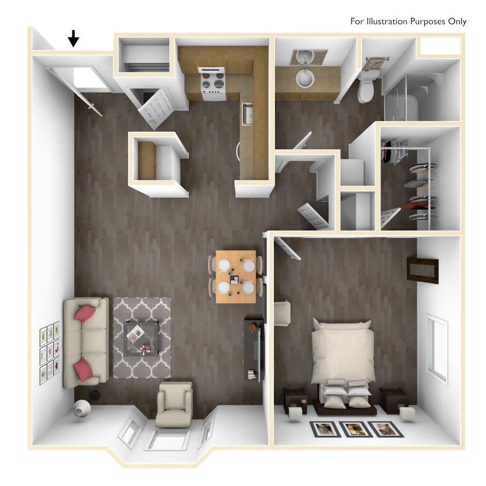 A 3D floor plan of a one-bedroom apartment with a living room, kitchen, bathroom, and dining area.