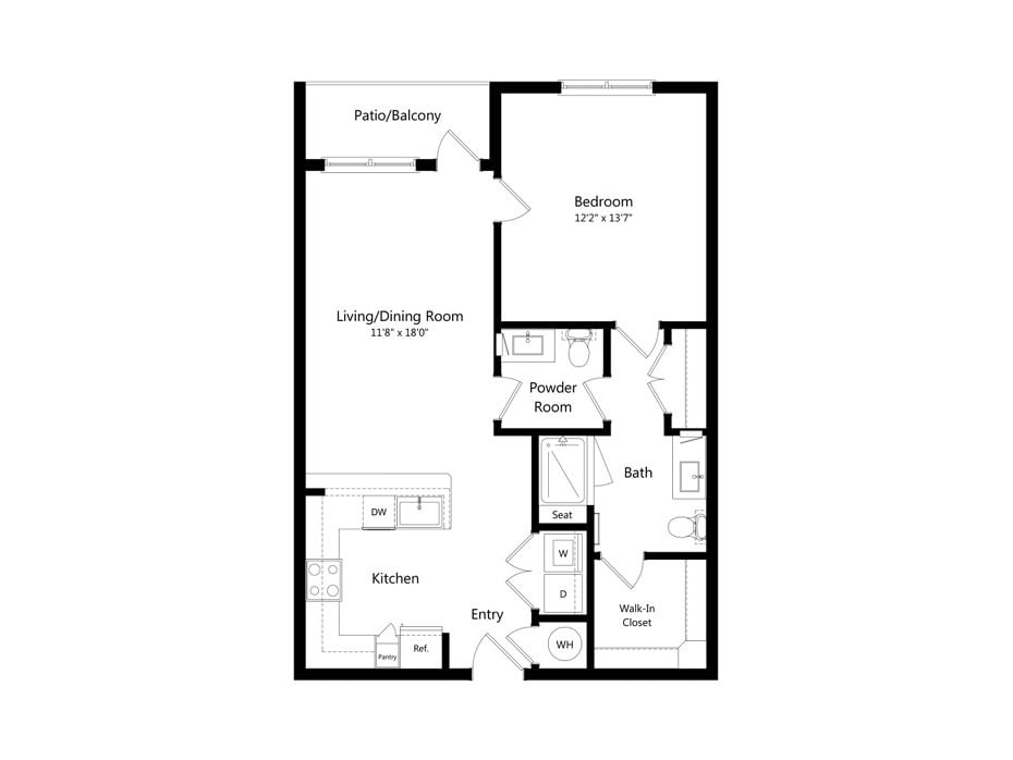 A floor plan of a one-bedroom apartment, featuring a living/dining area, kitchen, and bathroom.