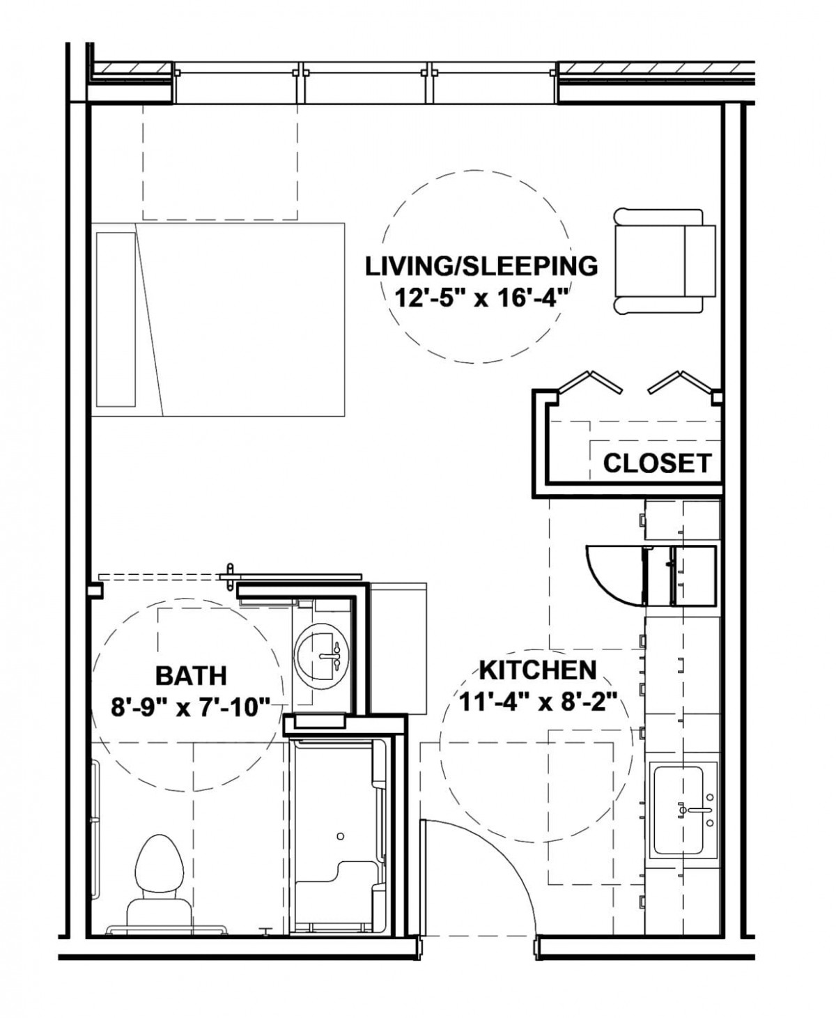 Studio apartment floor plan with living/sleeping area, kitchen, bathroom, and closet.
