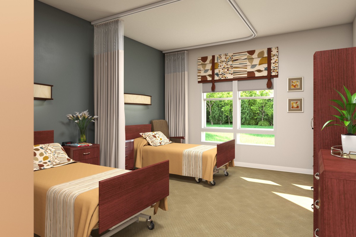 A hospital room with two beds, separated by curtains, featuring a large window and natural light.