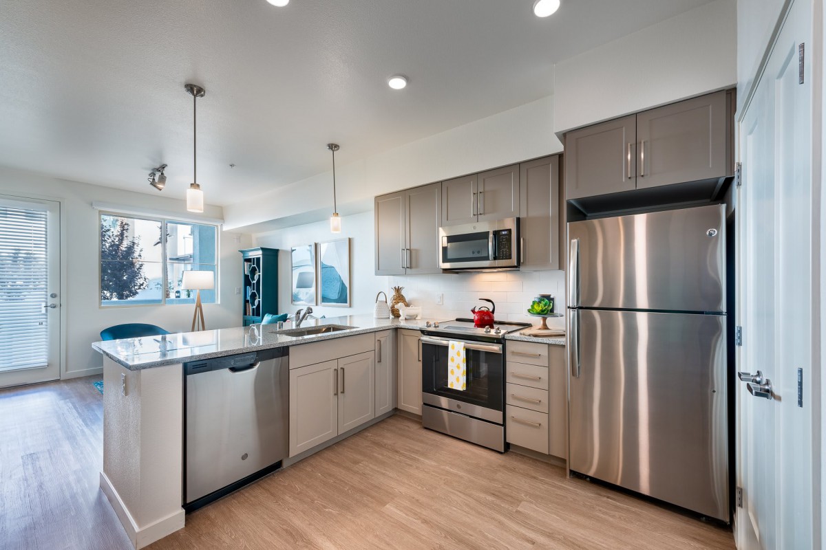 A modern kitchen with stainless steel appliances, sleek cabinets, and wood flooring.