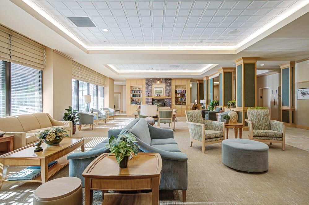 A modern and bright lobby area with comfortable seating and greenery.