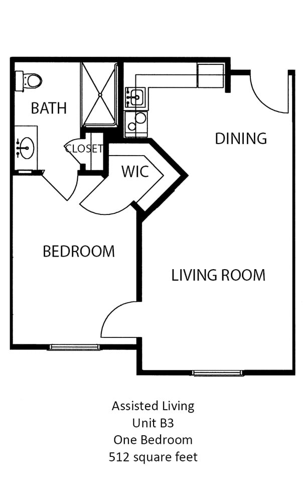 A floor plan of a one-bedroom apartment, featuring a living room, dining area, kitchen, bathroom, and walk-in closet.