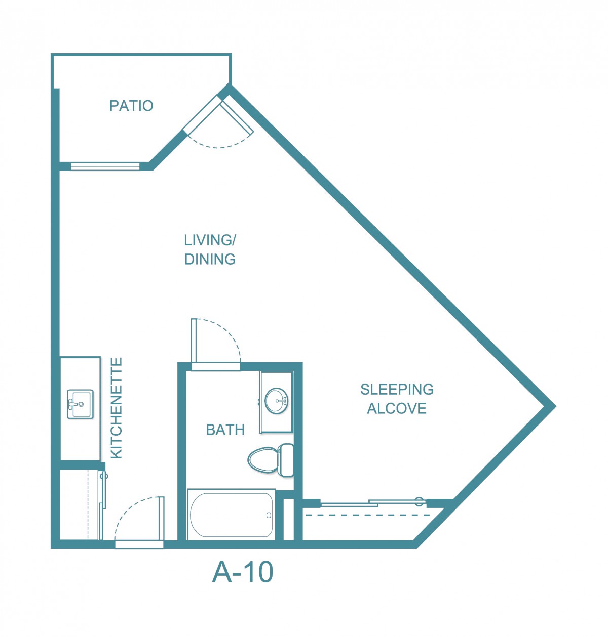 Floor plan of a studio apartment featuring a living/dining area, sleeping alcove, kitchen, and bathroom.