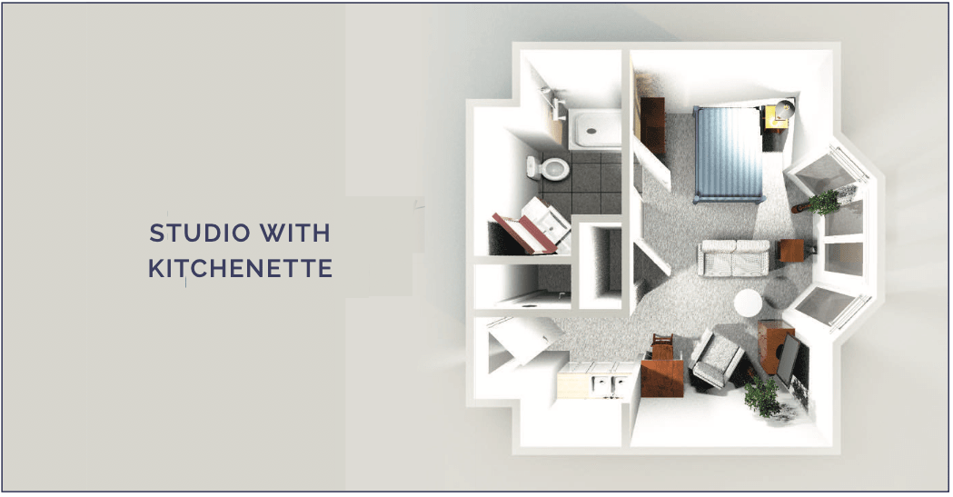 Studio apartment with kitchenette floor plan.