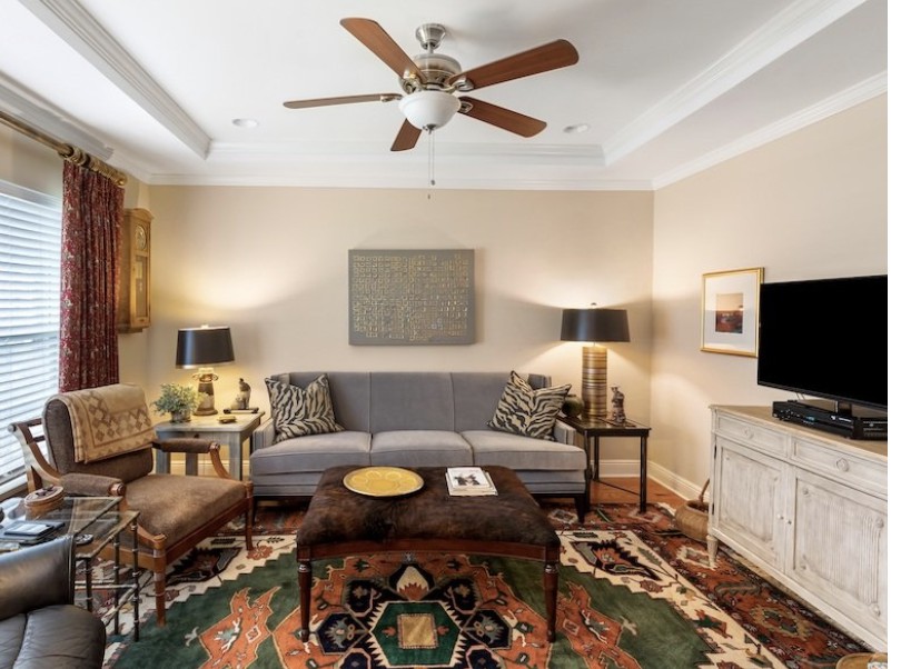 A cozy living room with modern decor, featuring a gray sofa, patterned rug, and a ceiling fan.