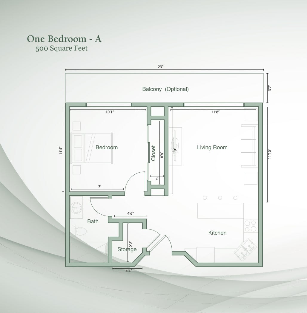 A one-bedroom apartment floor plan with a balcony and designated living, dining, kitchen, and bathroom areas.