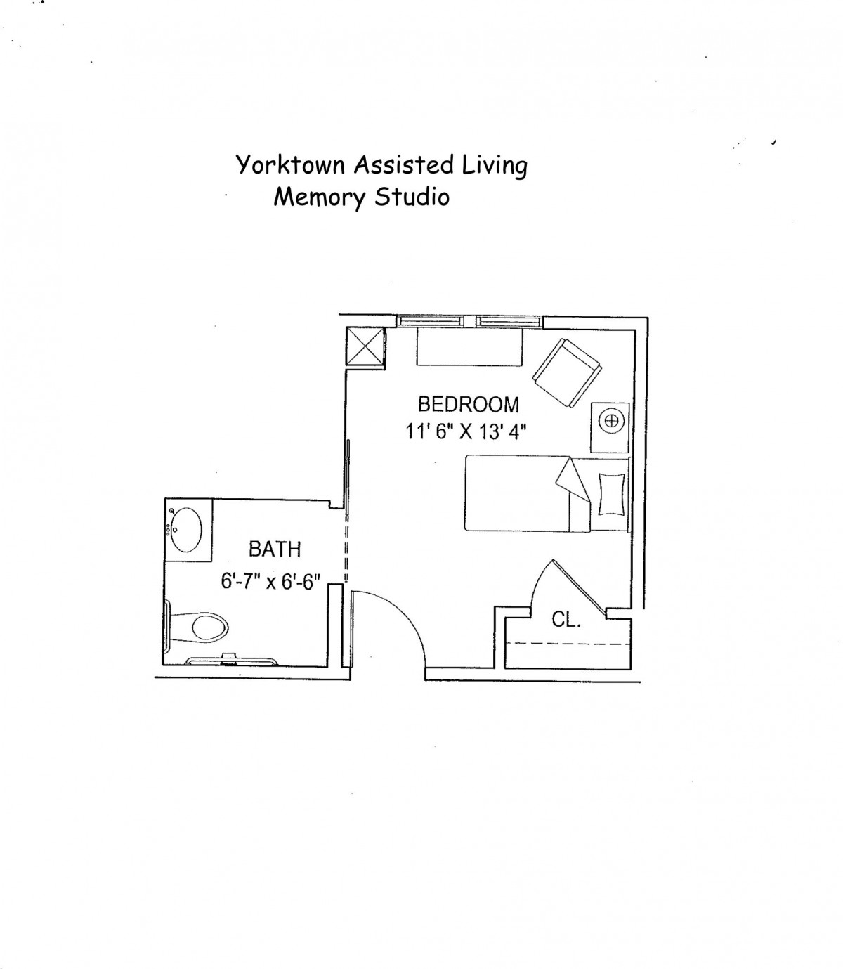 Floor plan of a memory studio in Yorktown Assisted Living, featuring a bedroom and bathroom.