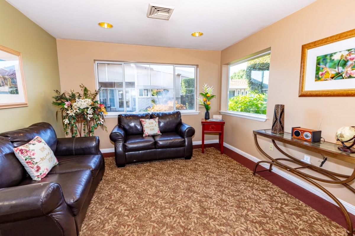 A well-lit living room featuring leather sofas, decorative flowers, and large windows.