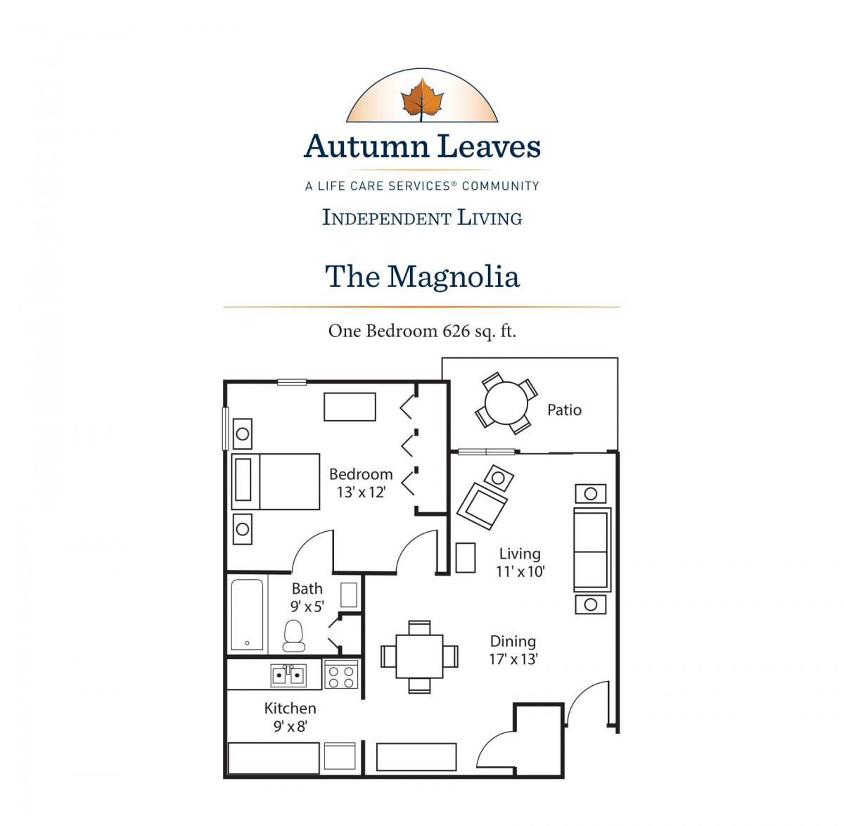 Floor plan of The Magnolia one-bedroom apartment at Autumn Leaves retirement community.