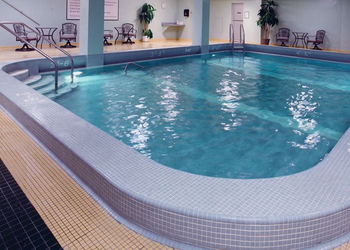 An inviting indoor swimming pool with surrounding chairs and lush plants.