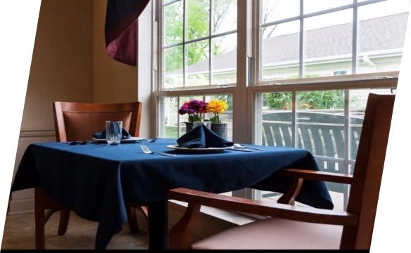 A neatly set dining table with a blue tablecloth and a flower centerpiece next to a large window.