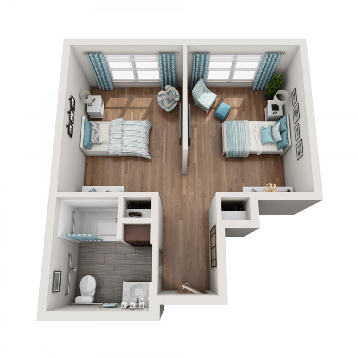 A 3D floor plan of a small apartment featuring two bedrooms and a bathroom.