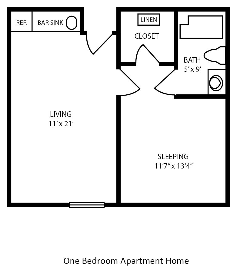 A simple floor plan of a one-bedroom apartment with living area and bathroom.