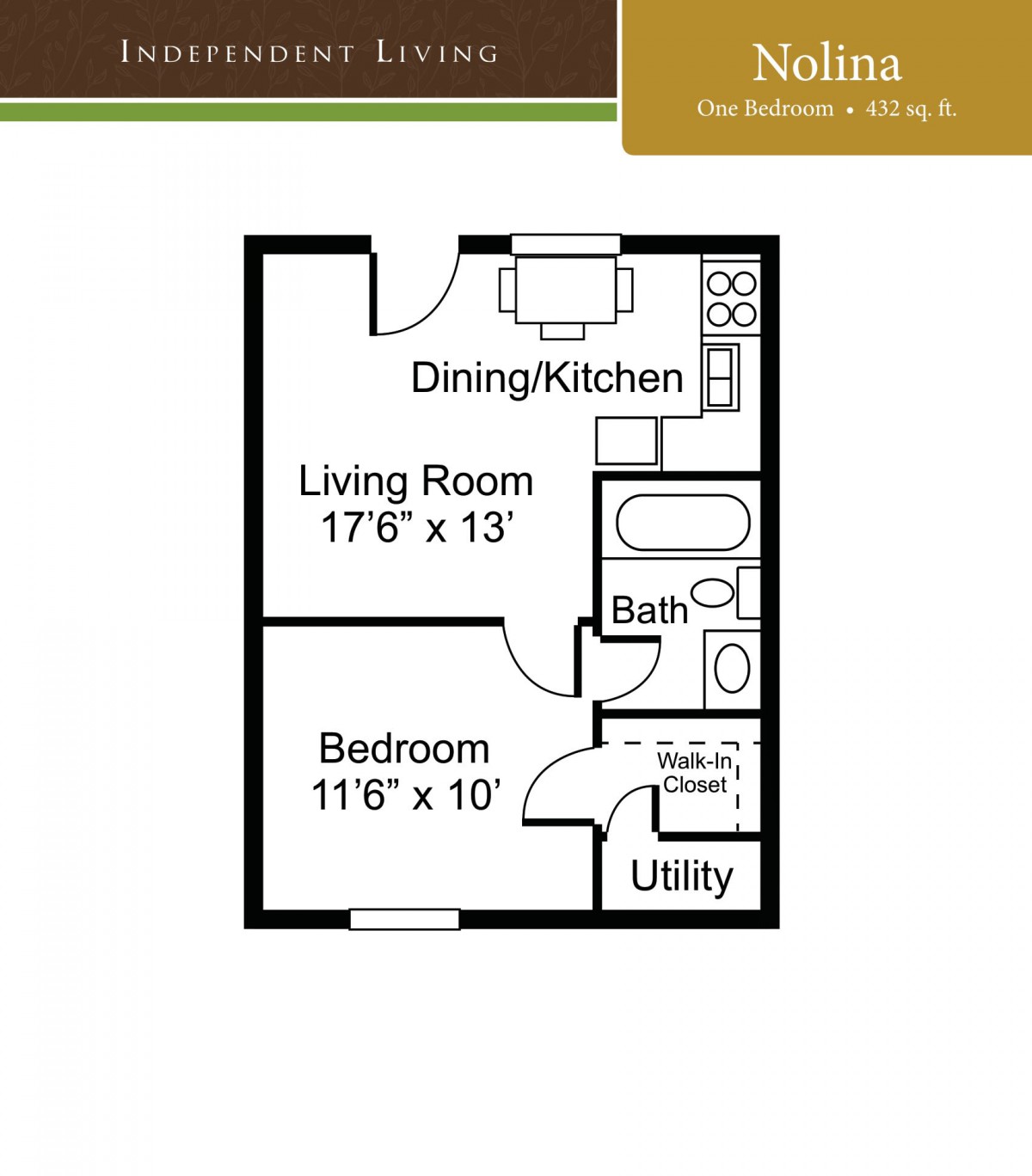 One-bedroom apartment floor plan with living room, kitchen, and bathroom.