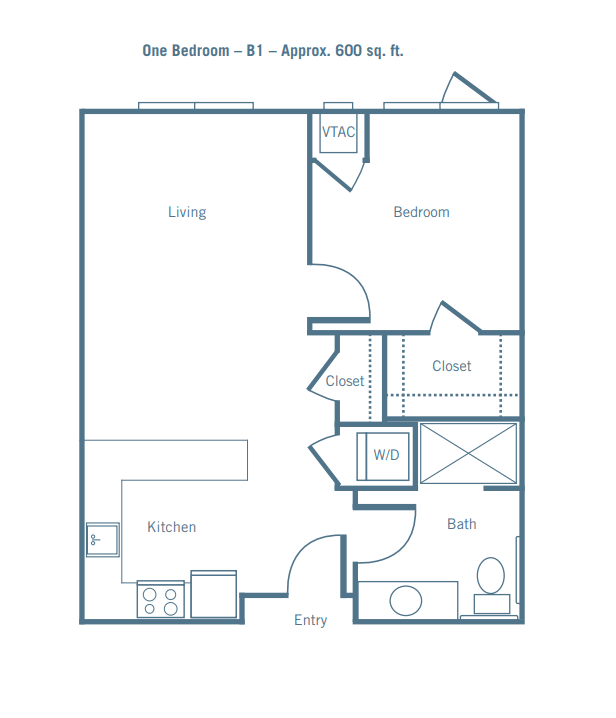 A floor plan of a one-bedroom apartment featuring a living room, bathroom, kitchen, and closet space.