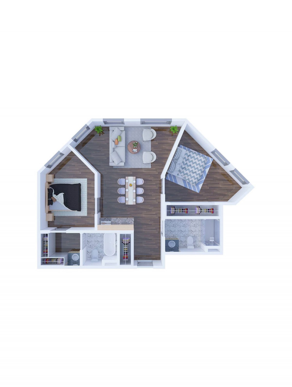 A modern open-concept apartment floor plan with distinct living, kitchen, and bedroom areas.