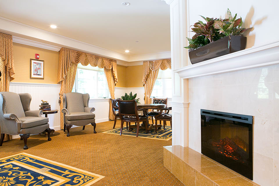 A cozy living room featuring a fireplace, elegant furniture, and tasteful decor.