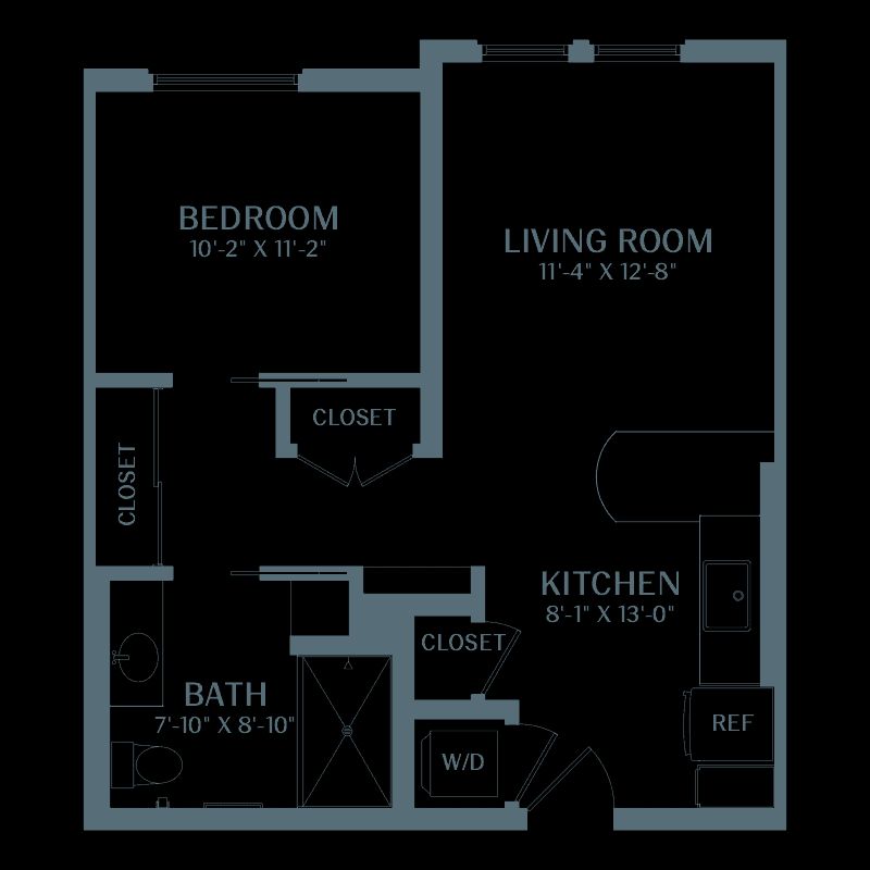 A floor plan of a one-bedroom apartment featuring a living room, kitchen, and bathroom.