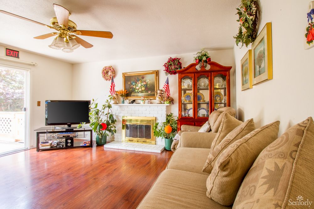 A cozy living room with a sofa, fireplace, and television, featuring warm wooden floors and decorated shelves.