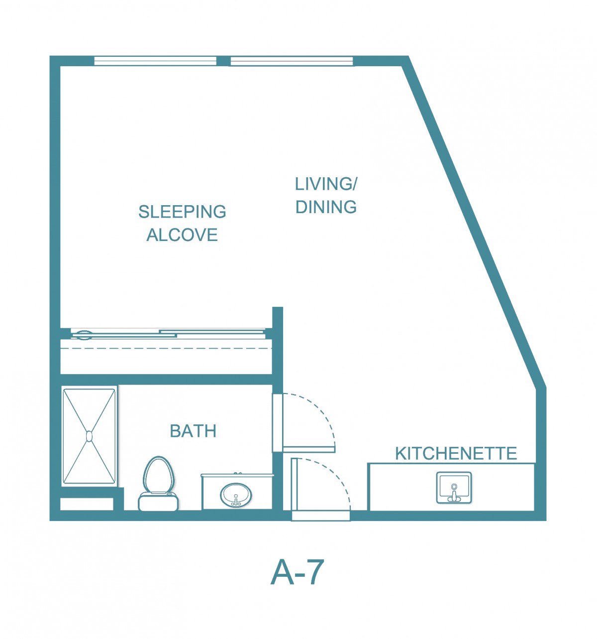 A floor plan for a studio apartment with designated sleeping alcove, living/dining area, kitchenette, and bath.