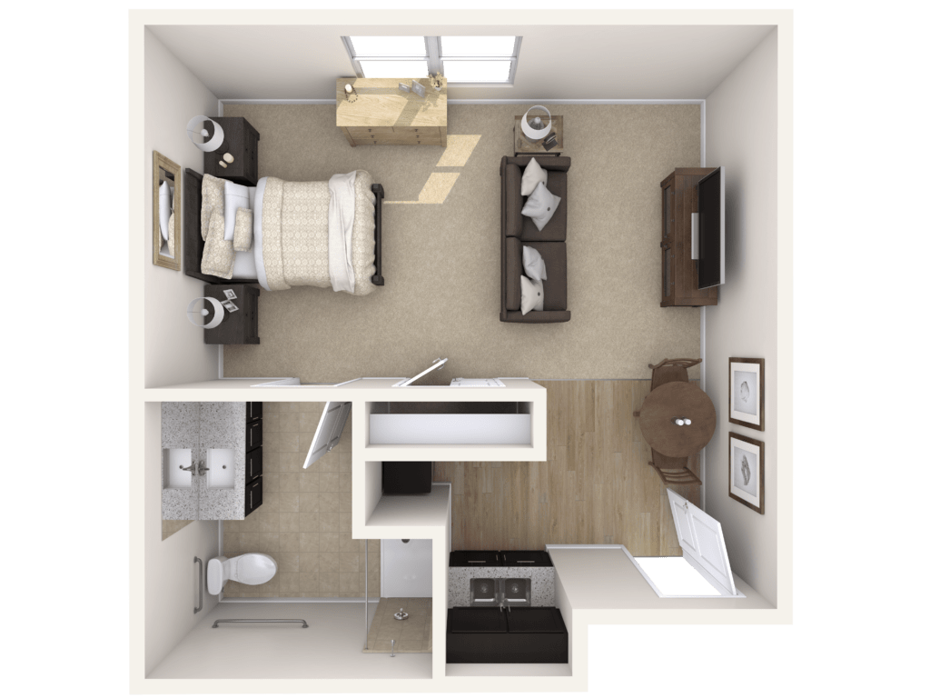 A top-down view of a studio apartment floor plan featuring a furnished bedroom, living area, and bathroom.