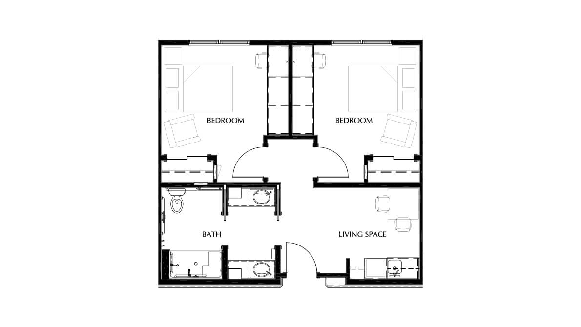 A floor plan layout of an apartment with two bedrooms, a bathroom, and living space.
