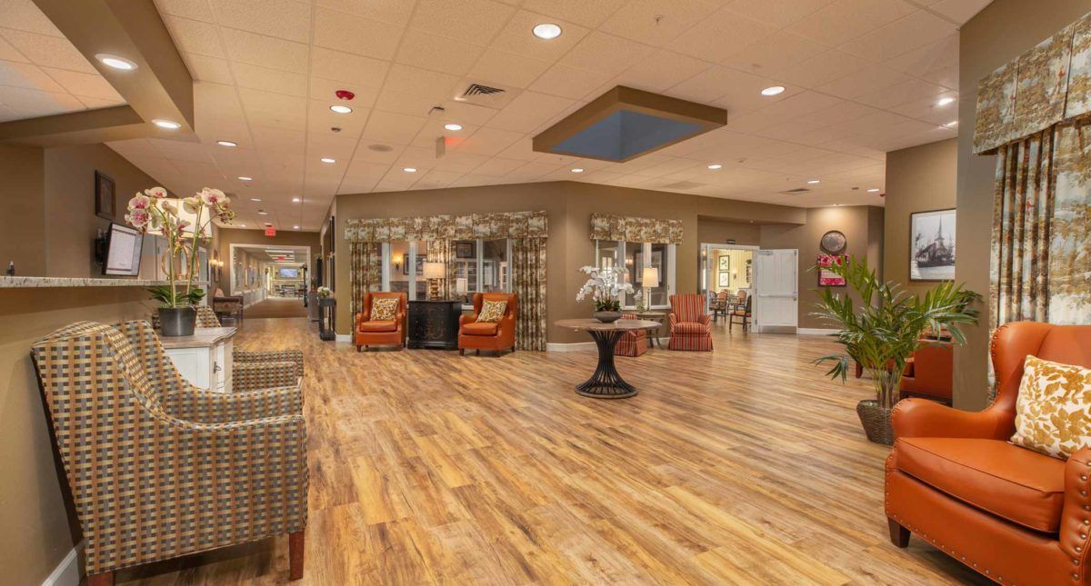 A spacious lobby area with comfortable seating and elegant decor.