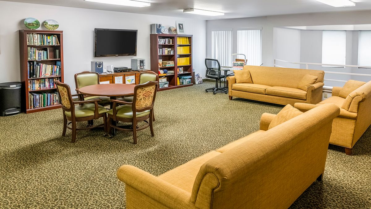 A cozy living room with sofas, a television, and a bookshelf.