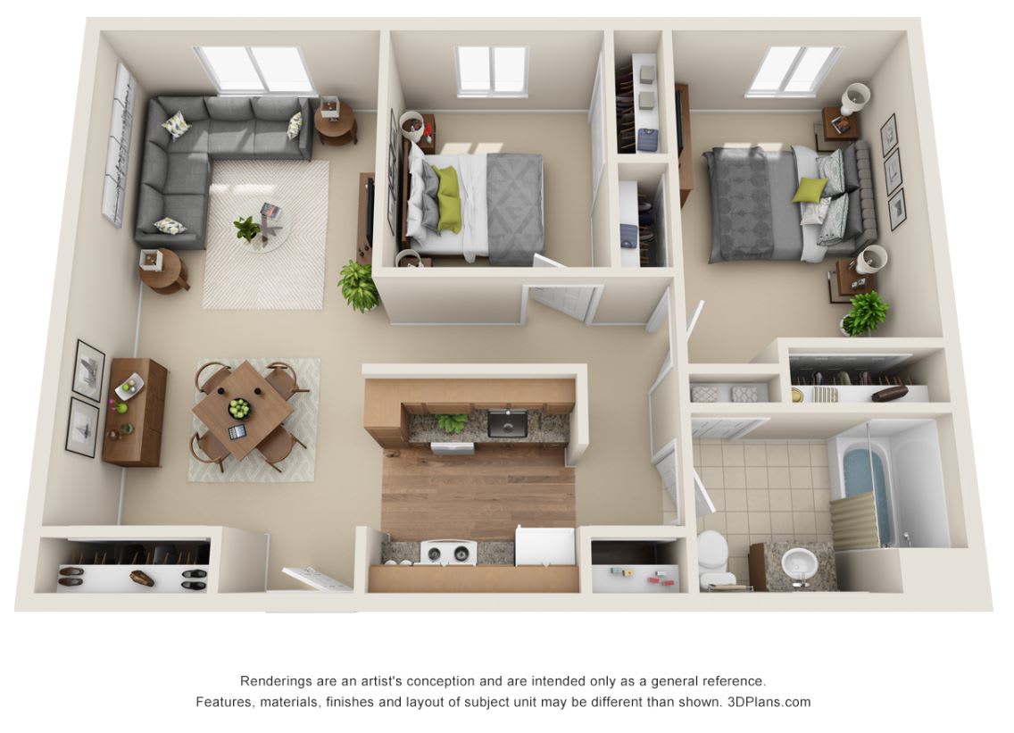 A detailed 3D floor plan of a two-bedroom apartment, featuring a living room, kitchen, dining area, and bathroom.