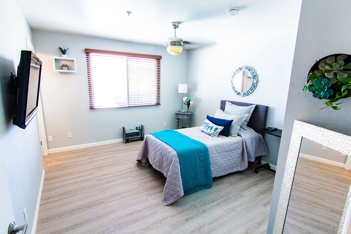 A modern minimalist bedroom featuring a single bed with blue and gray bedding, wooden flooring, and simple decor.