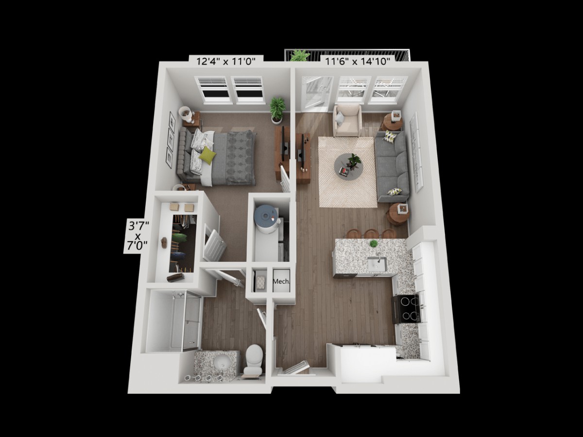 A 3D floor plan of a one-bedroom apartment featuring a living room, kitchen, bathroom, and bedroom.