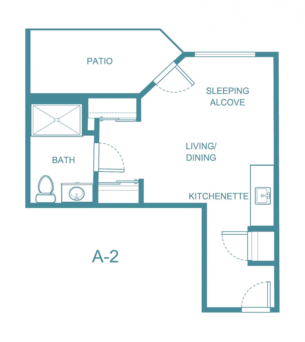 Studio apartment floor plan with patio, sleeping alcove, and kitchenette.