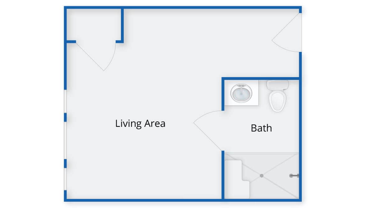 A simple floor plan showing a living area and a bathroom.