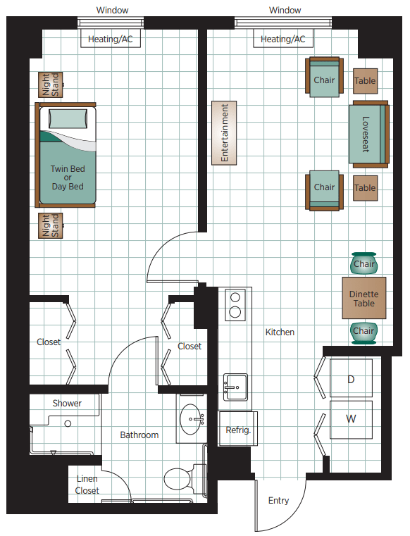 A floor plan of a one-bedroom apartment featuring a living room, kitchen, and bathroom.