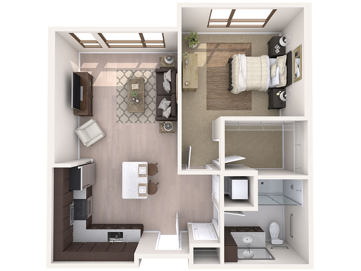 A modern 1-bedroom apartment floor plan with an open living room and kitchen, a bedroom, and a bathroom.