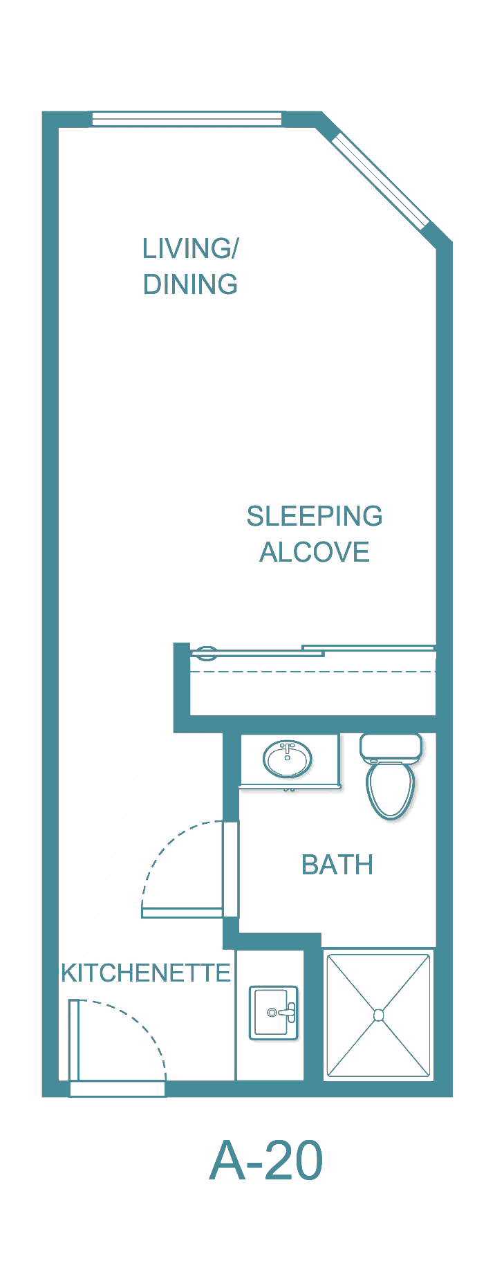A floor plan of a studio apartment featuring a sleeping alcove and bathroom.