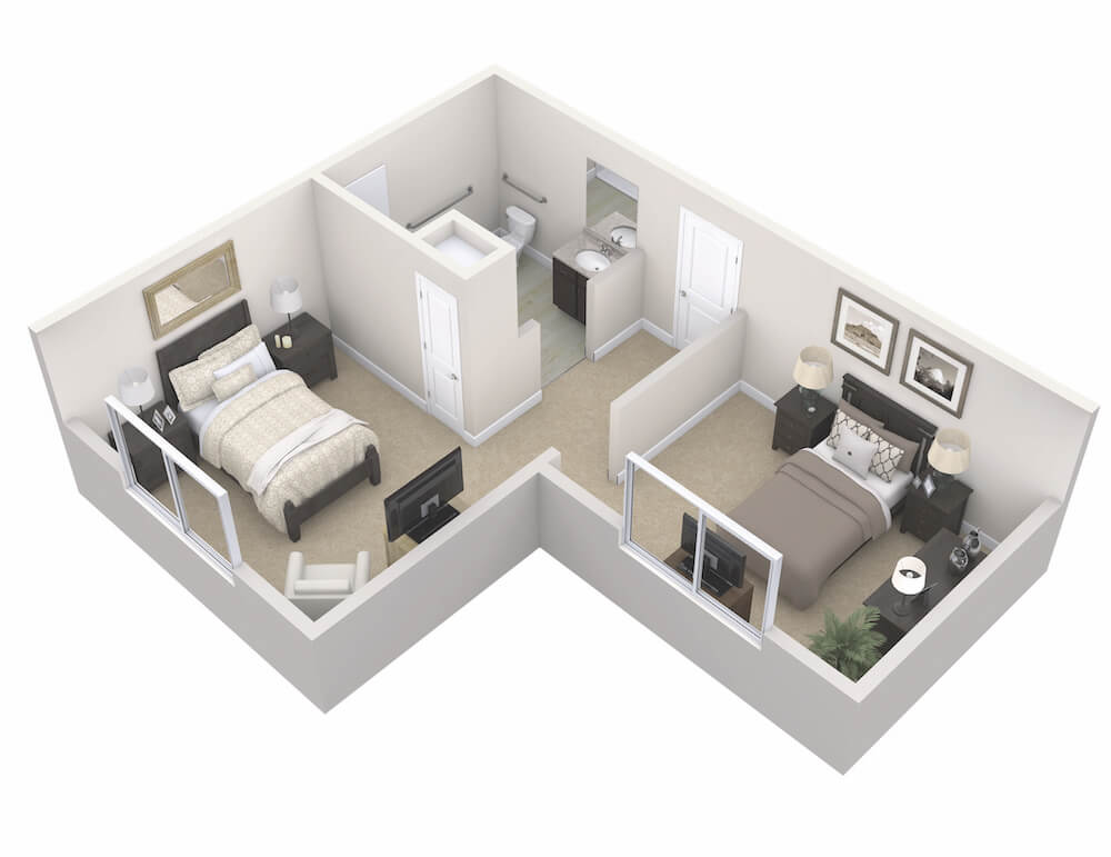 A 3D floor plan of a small apartment featuring a bedroom, living area, bathroom, and kitchen space.