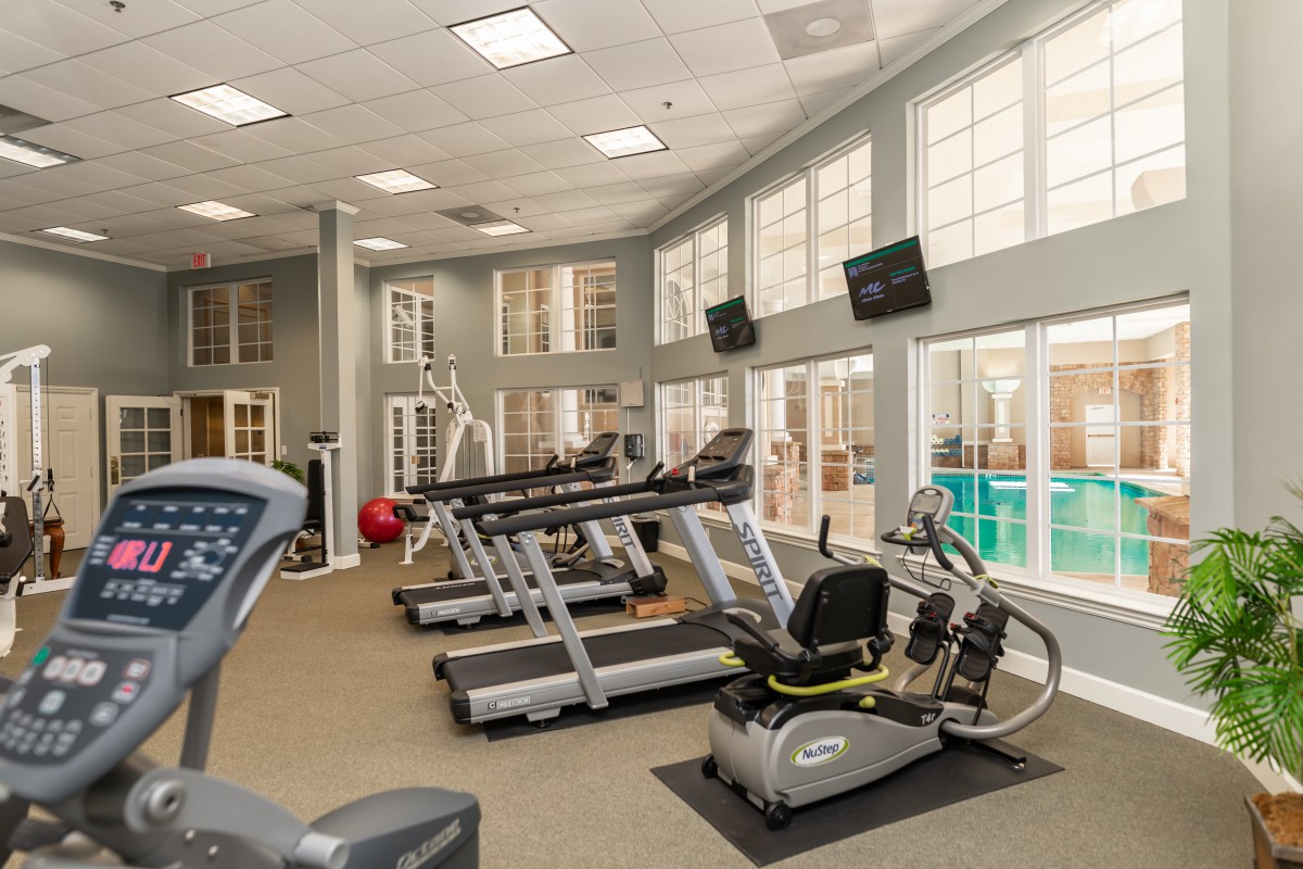 A well-equipped indoor gym featuring treadmills and exercise machines.