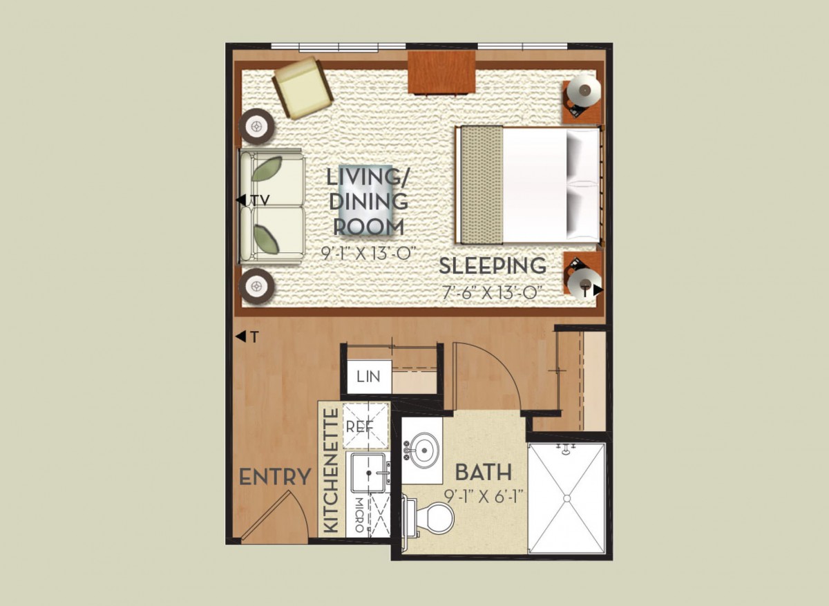 Studio apartment floor plan with designated living, sleeping, and bathroom areas.